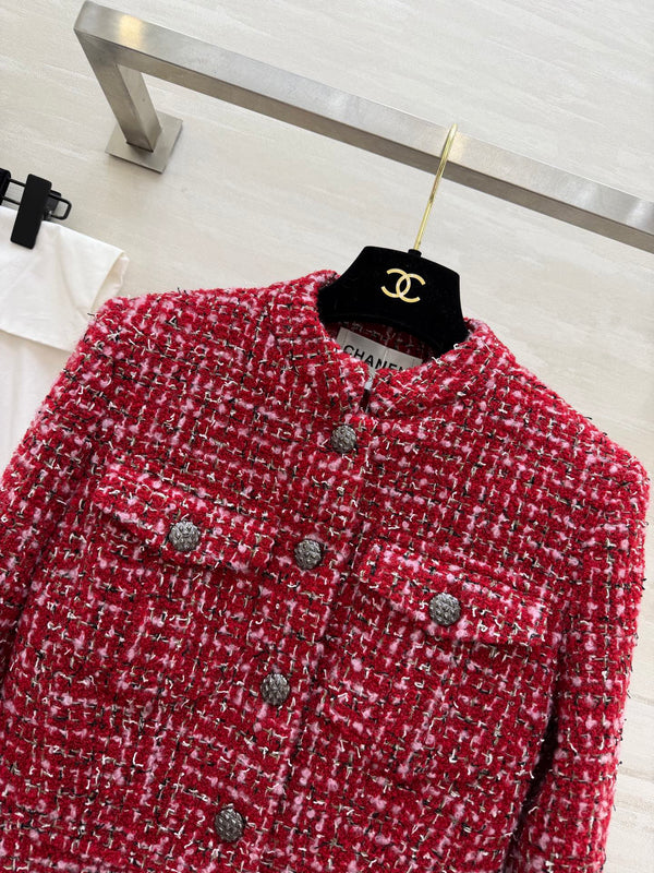 Robe à manches longues en tweed tissé CC Tweed rouge et rose 343197