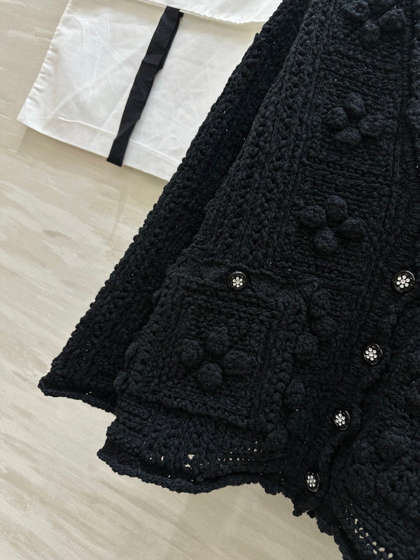 Cardigan en maille crochet ajourée Coton Noir 346493