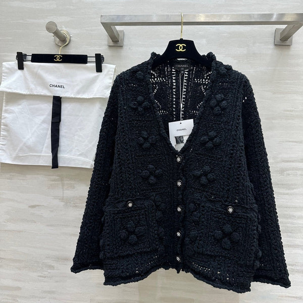 Cardigan en maille crochet ajourée Coton Noir 346493