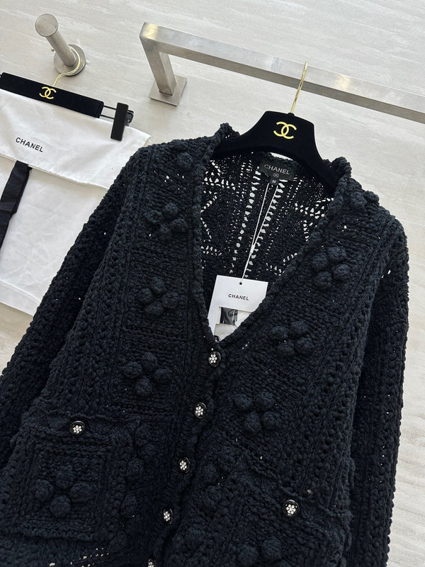 Cardigan en maille crochet ajourée Coton Noir 346493