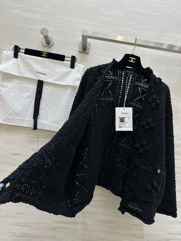 Cardigan en maille crochet ajourée Coton Noir 346493