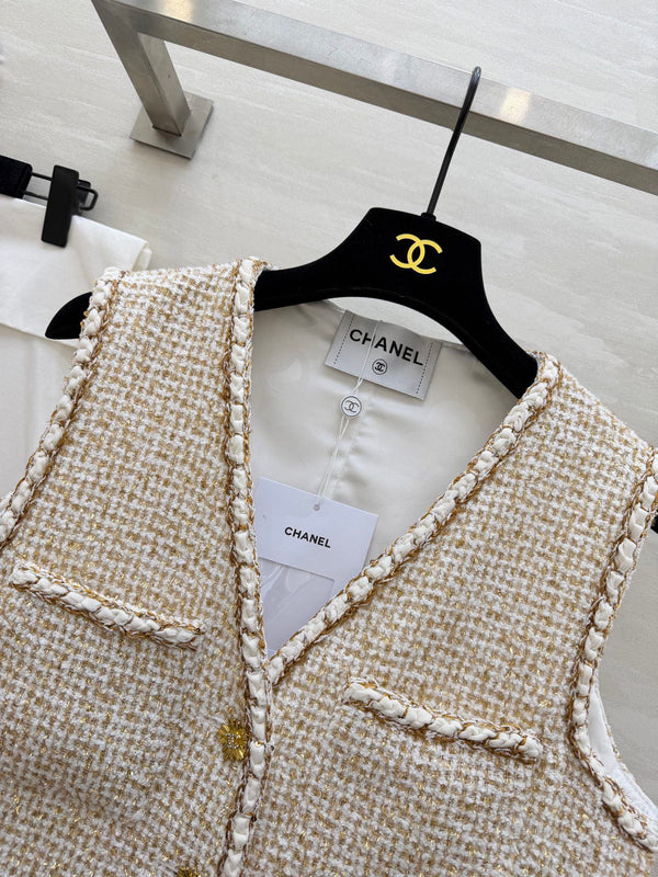 CC 26S Gilet croisière en tweed beige et fil doré