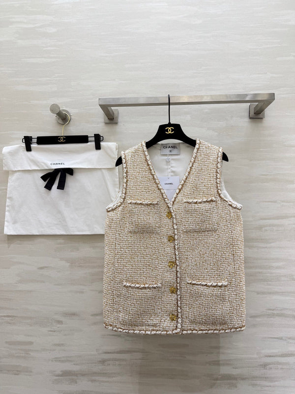 CC 26S Gilet croisière en tweed beige et fil doré
