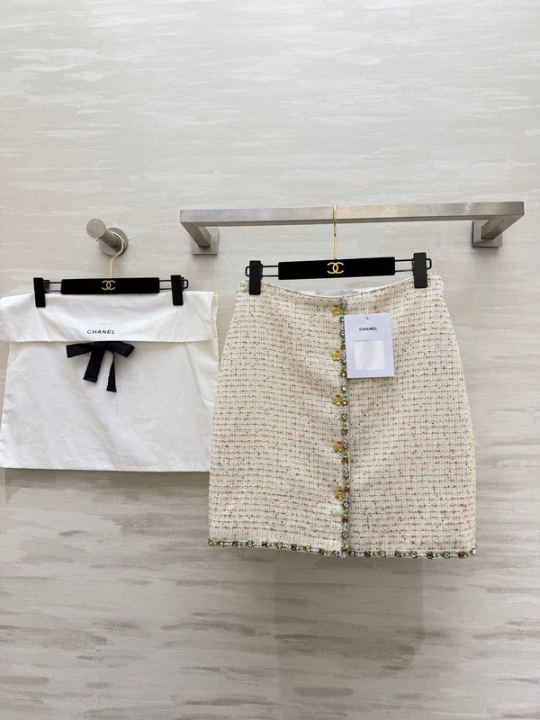 Jupe Midi CC 26s Tweed Blanc Doré