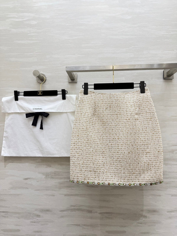 Jupe Midi CC 26s Tweed Blanc Doré