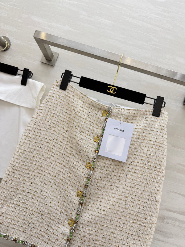 Jupe Midi CC 26s Tweed Blanc Doré