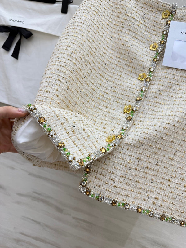 Jupe Midi CC 26s Tweed Blanc Doré