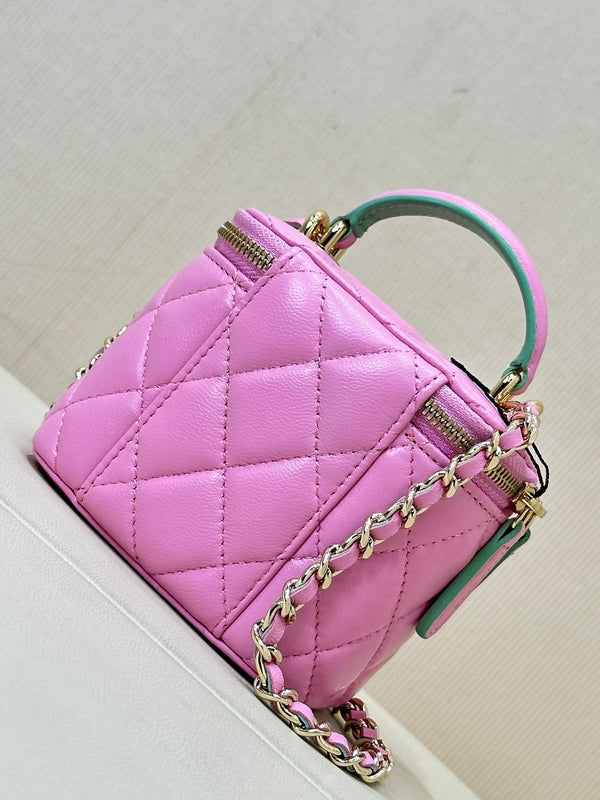borsa a tracolla vanity con manico superiore 10 cm in pelle di agnello rosa verde 