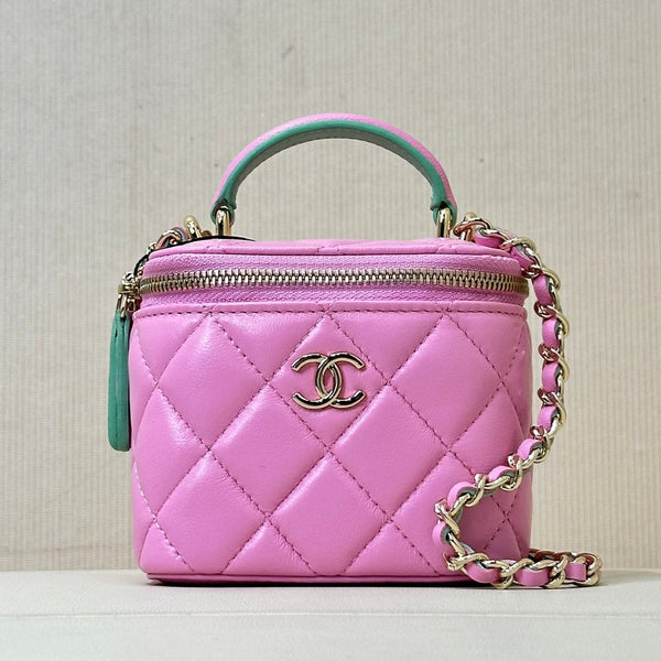borsa a tracolla vanity con manico superiore 10 cm in pelle di agnello rosa verde 