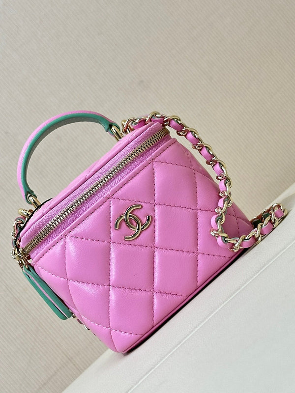 borsa a tracolla vanity con manico superiore 10 cm in pelle di agnello rosa verde 