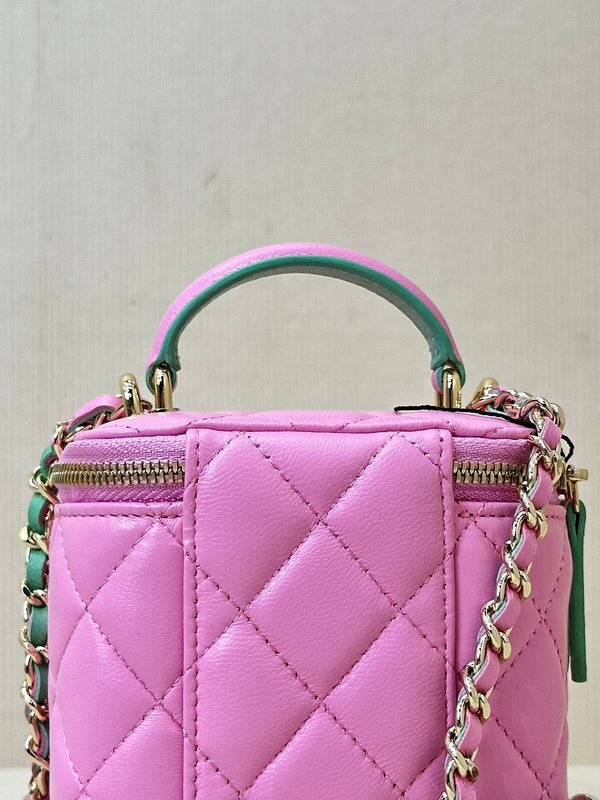 borsa a tracolla vanity con manico superiore 10 cm in pelle di agnello rosa verde 