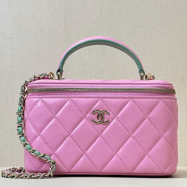 borsa a tracolla vanity con manico superiore 17 cm in pelle di agnello rosa verde 