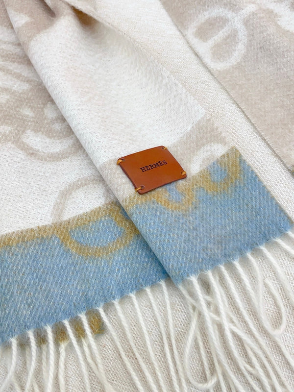 HM Casaque Mors Long Scarf Grey White Blue Cashmere 139453