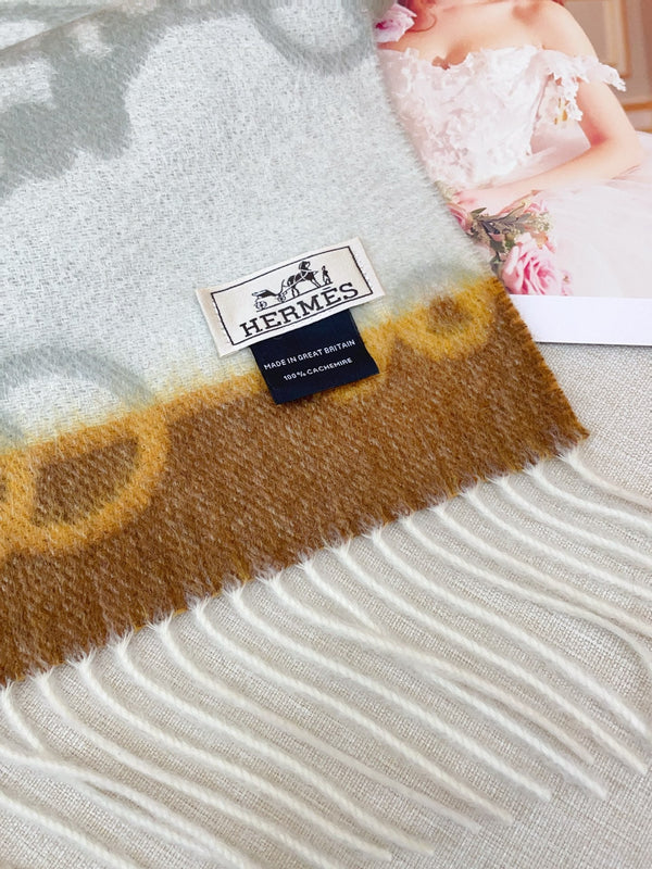 HM Casaque Mors Long Scarf Grey White Brown Cashmere 139454