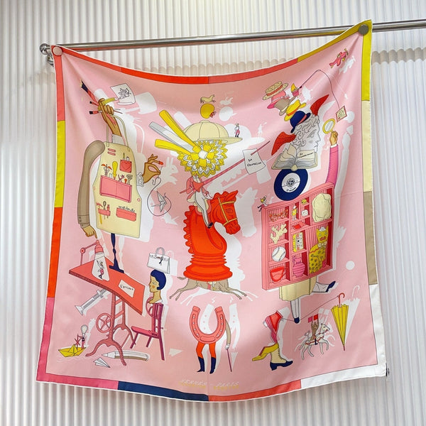 HM 26s Double-sided Scarf 90 Pink Multicolor Twill Silk 150374