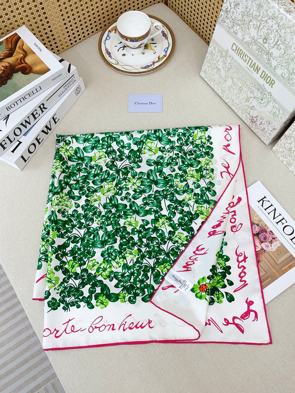 CD Clover Scarf 90x90 Green Colorful Twill Silk 223489