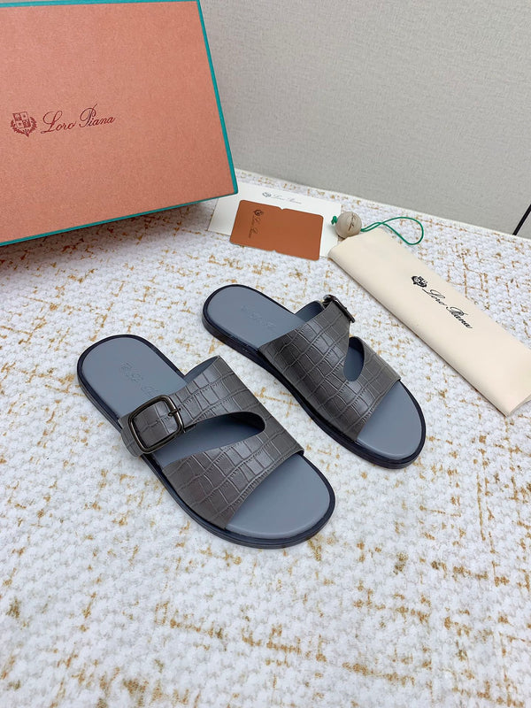 LP Men Sandals In Dark Gray Snake Embossed Calfskin