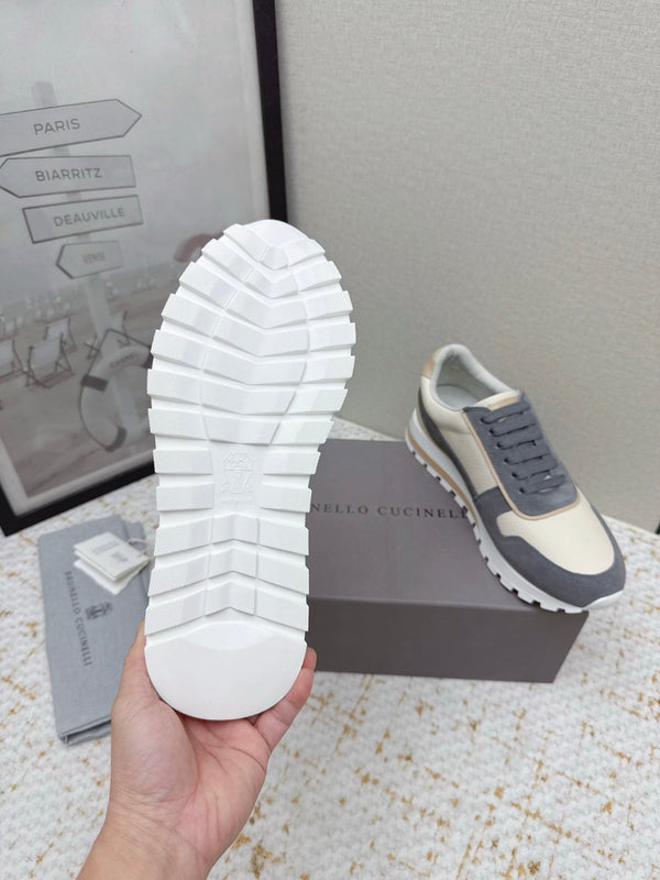 Brunello Panelled Sneakers Ivory Dark Grey Grain Leather Suede 625362