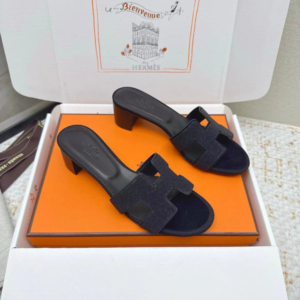 HM 26ss Sandales Oran 50 Strass Noir Cuir de vachette 625266