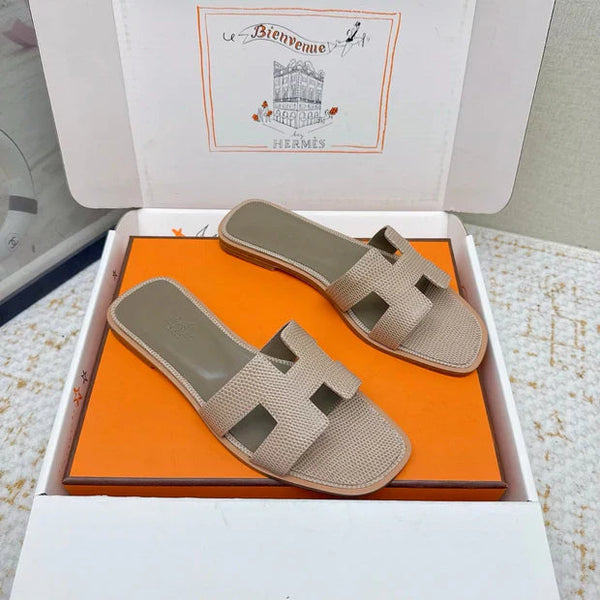 HM 26ss Sandales Oran Beige Vert Olive Cuir de Vachette 625039