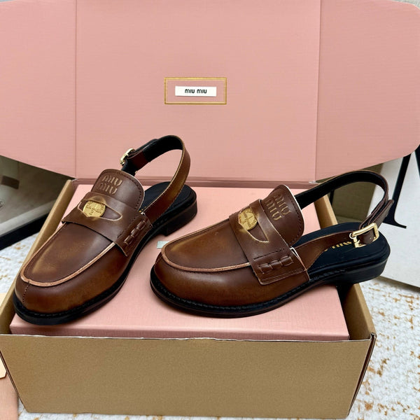 Miu Vintage-Effect Penny Slingback Faded Brown Leather 791000