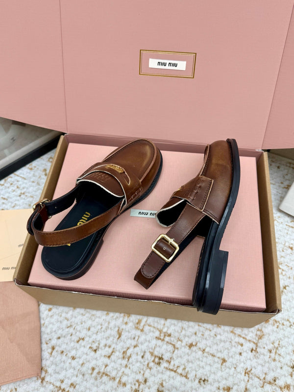 Miu Vintage-Effect Penny Slingback Faded Brown Leather 791000