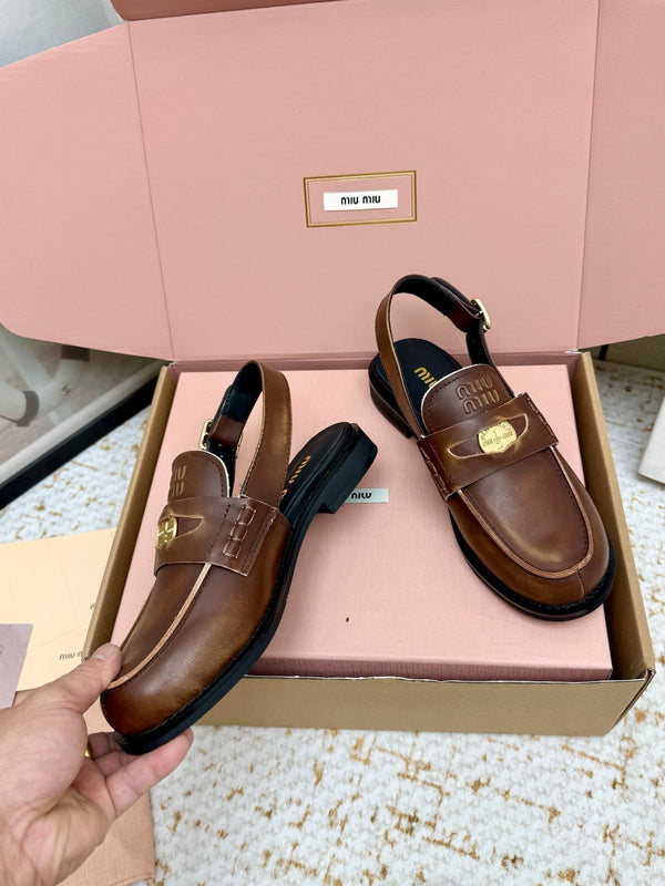 Miu Vintage-Effect Penny Slingback Faded Brown Leather 791000