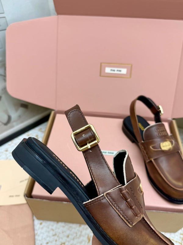Miu Vintage-Effect Penny Slingback Faded Brown Leather 791000