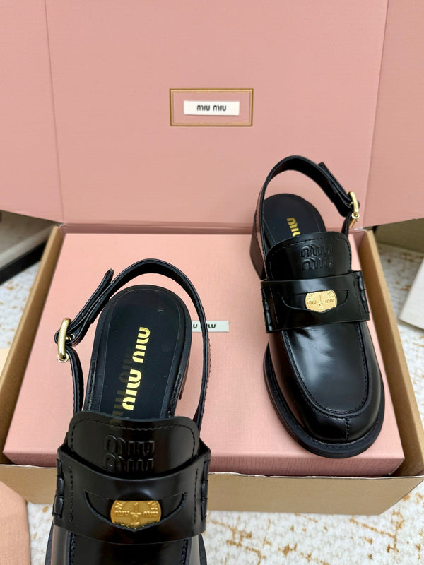 Miu Vintage-Effect Penny Slingback Black Leather 791002