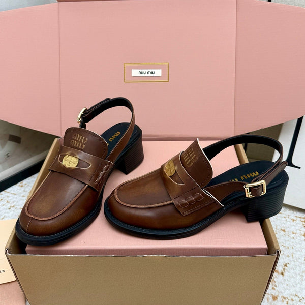 Miu Vintage-Effect Penny Slingback Brown Leather 791003