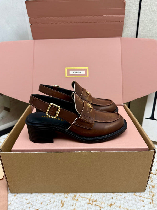 Miu Vintage-Effect Penny Slingback Brown Leather 791003