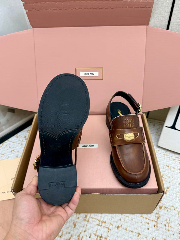 Miu Vintage-Effect Penny Slingback Brown Leather 791003