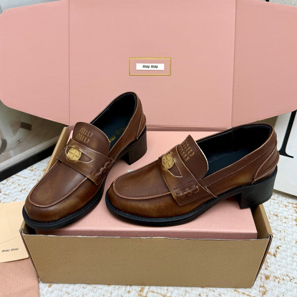 Miu Vintage-Effect Penny Loafers Brown Leather 791005