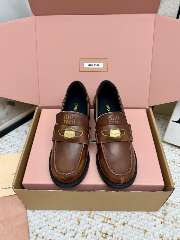 Miu Vintage-Effect Penny Loafers Brown Leather 791005
