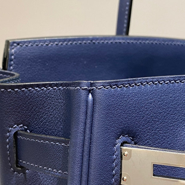 Borsa a spalla HM Birkin 29 blu navy in pelle marrone 222344
