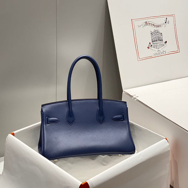 Borsa a spalla HM Birkin 29 blu navy in pelle marrone 222344