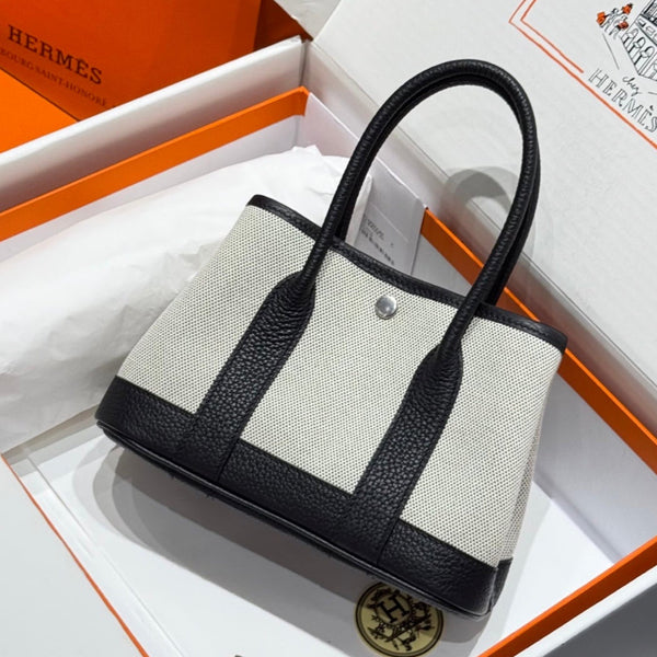 HM Garden Party Mini 23cm Bag Black Togo Cream Canvas