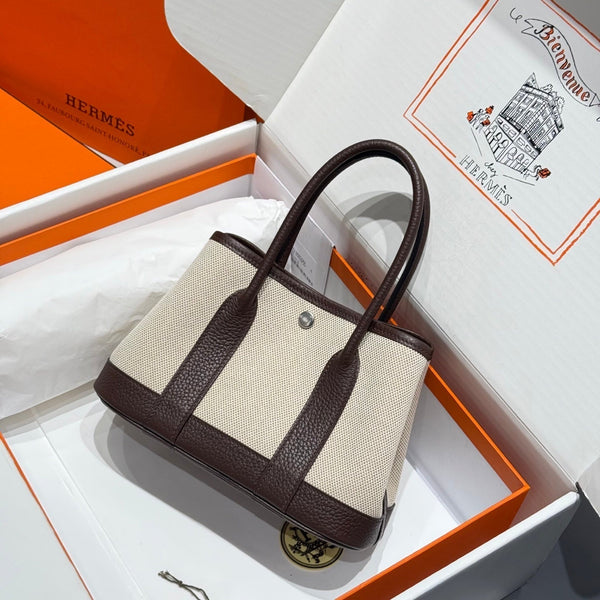 Borsa HM Garden Party Mini 23 cm in tela color cioccolato Togo e crema