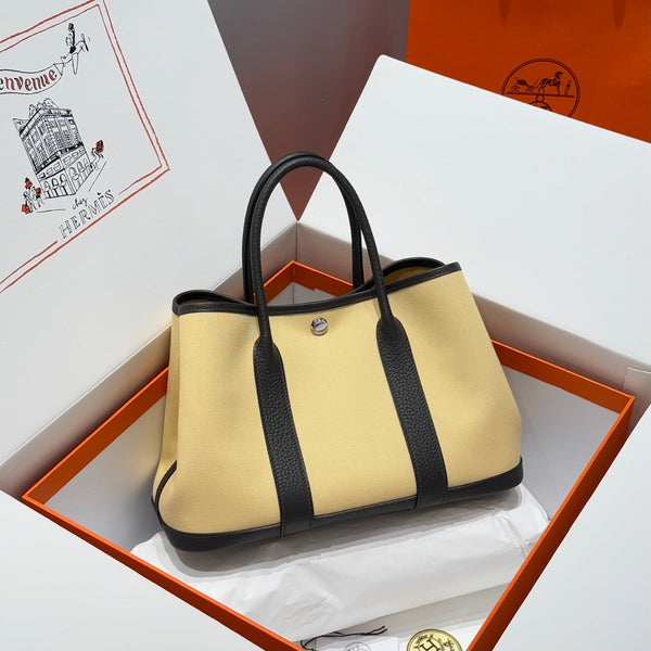 HM Garden Party 30cm Bag Black Togo Light Beige Canvas
