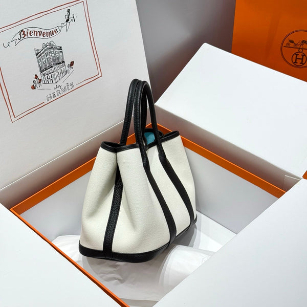 HM Garden Party 30cm Bag Black Togo White Canvas
