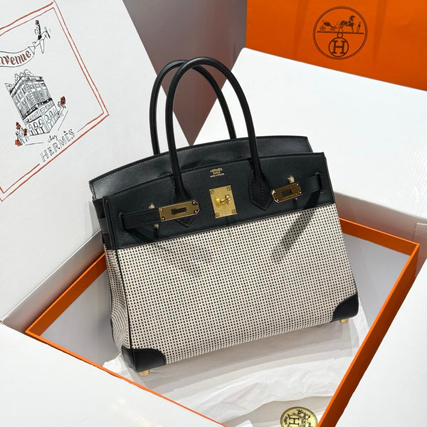 HM Birkin 30cm Black Swift Cowhide With Waffle Panda Black and White Canvas Fabric Ghw 249974
