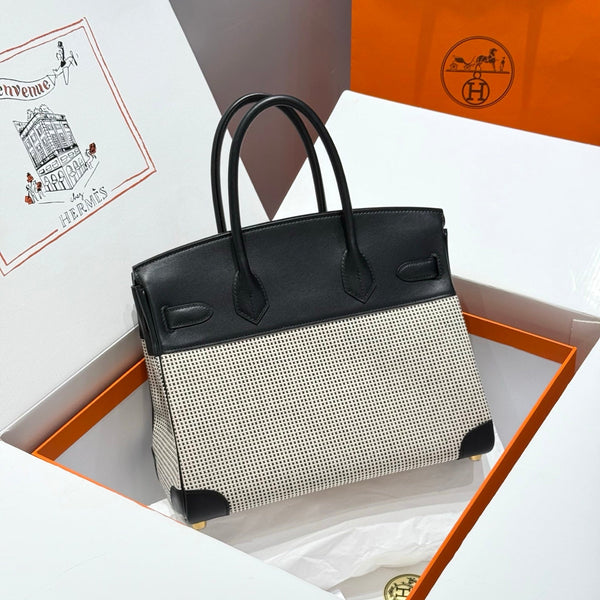 HM Birkin 30cm Black Swift Cowhide With Waffle Panda Black and White Canvas Fabric Ghw 249974