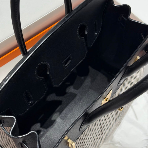 HM Birkin 30cm Black Swift Cowhide With Waffle Panda Black and White Canvas Fabric Ghw 249974