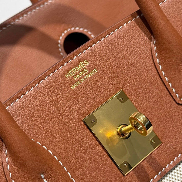 HM Birkin 30cm Golden Brown Swift Cowhide With Horse Totem Beige Canvas Fabric Ghw 249975