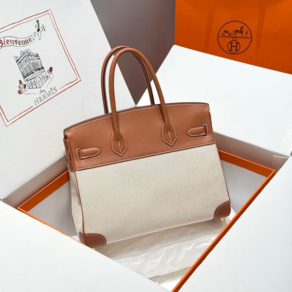 HM Birkin 30cm Golden Brown Swift Cowhide With Beige Canvas Fabric Ghw 249976