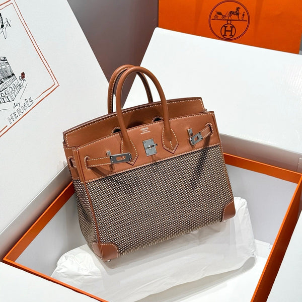 HM Birkin 25cm Golden Brown Swift Cowhide With Waffe Brown Canvas Fabric Shw 249988