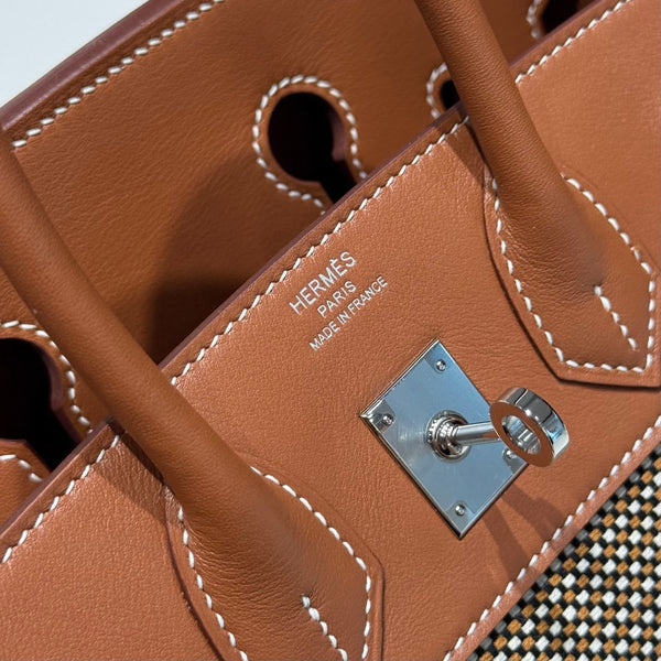 HM Birkin 25cm Golden Brown Swift Cowhide With Waffe Brown Canvas Fabric Shw 249988