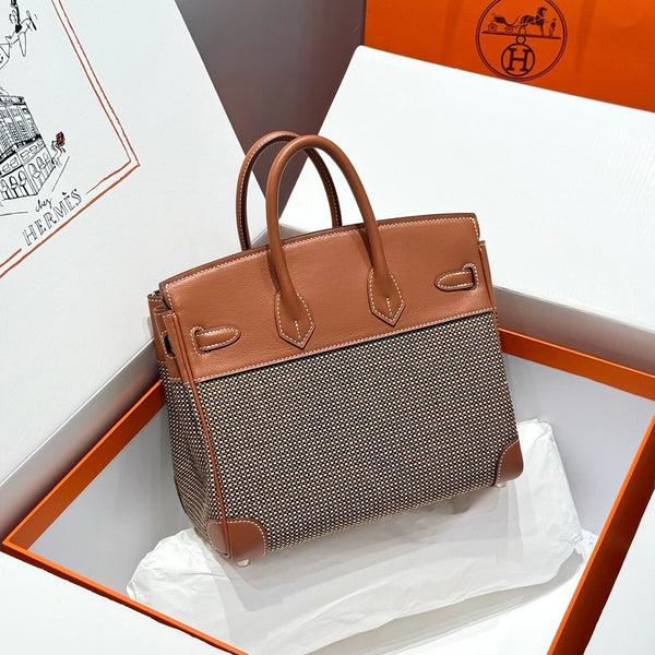 HM Birkin 25cm Golden Brown Swift Cowhide With Waffe Brown Canvas Fabric Shw 249988
