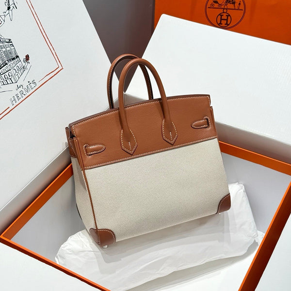 HM Birkin 25cm Golden Brown Swift Cowhide With Horse Totem Beige Canvas Fabric Shw 249990