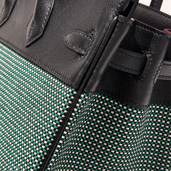 HM Birkin 25cm Black Swift Cowhide With Waffe Forest Green Canvas Fabric Shw 249987